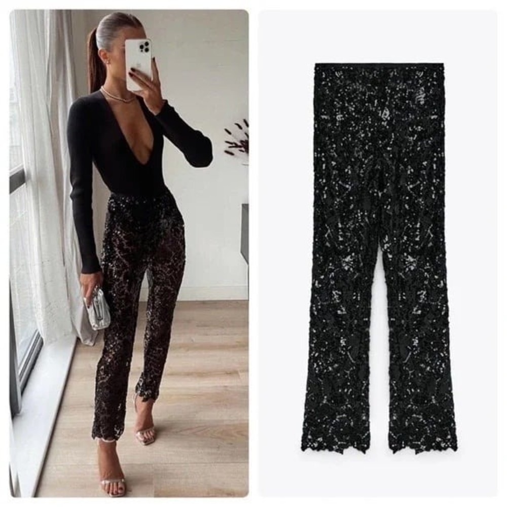 Zara Sequin Sheer Mesh Asymmetrical Festival Party Vacation Classy Black Pants
